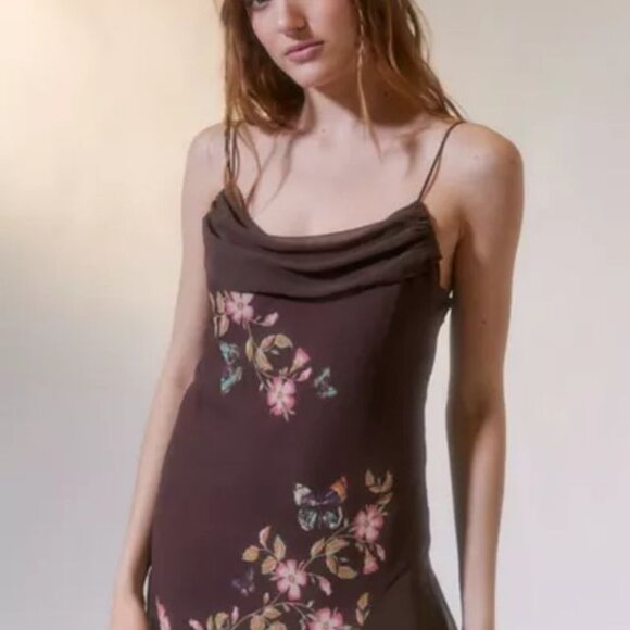 90's Style Urban Outfitters Tierra Chiffon Cowl Neck Assymetrical Midi Dress New - Picture 2 of 6